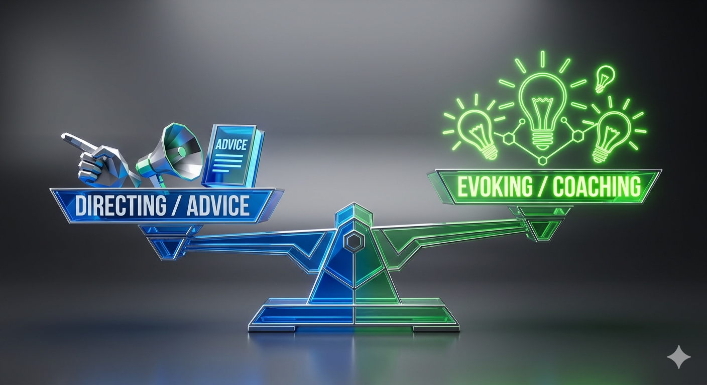 Infografía de balanza de competencias ICF destacando la importancia de evocar conciencia en sesiones de coaching.